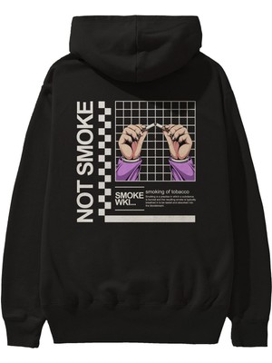 Ankhises Not Smoke Arka Baskılı Siyah Oversize Kapüşonlu Sweatshirt Erkek Kadın