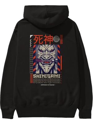 Ankhises Shinigami Arka Baskılı Siyah Oversize Kapüşonlu Sweatshirt Erkek Kadın