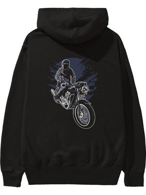 Ankhises Night Rider Arka Baskılı Siyah Oversize Kapüşonlu Sweatshirt Erkek Kadın
