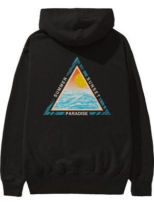 Ankhises Summer Sunset Paradise Arka Baskılı Siyah Oversize Kapüşonlu Sweatshirt Erkek Kadın