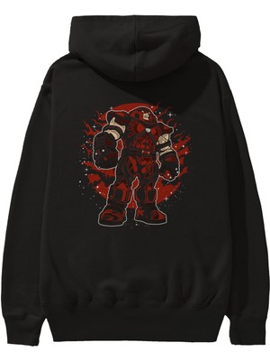 Ankhises Jugernaut Arka Baskılı Siyah Oversize Kapüşonlu Sweatshirt Erkek Kadın