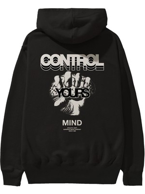 Ankhises Control Your Mind Arka Baskılı Siyah Oversize Kapüşonlu Sweatshirt Erkek Kadın