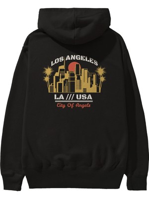 Ankhises Los Angeles Arka Baskılı Siyah Oversize Kapüşonlu Sweatshirt Erkek Kadın