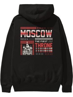 Ankhises Moscow Arka Baskılı Siyah Oversize Kapüşonlu Sweatshirt Erkek Kadın