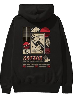 Ankhises Katana Arka Baskılı Siyah Oversize Kapüşonlu Sweatshirt Erkek Kadın