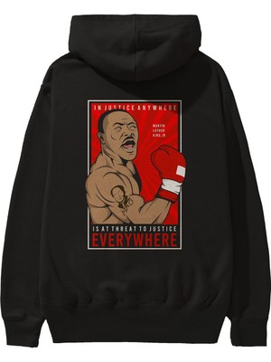 Ankhises Luther King Boxer Arka Baskılı Siyah Oversize Kapüşonlu Sweatshirt Erkek Kadın