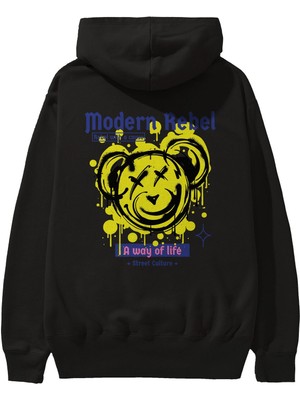 Ankhises Modern Rebel Bear Arka Baskılı Siyah Oversize Kapüşonlu Sweatshirt Erkek Kadın