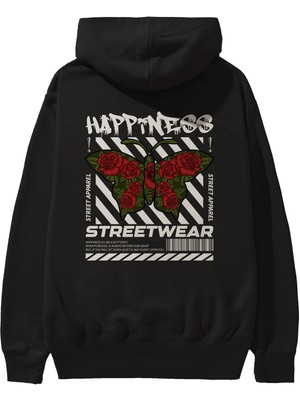 Ankhises Happiness Streetwear Arka Baskılı Siyah Oversize Kapüşonlu Sweatshirt Erkek Kadın
