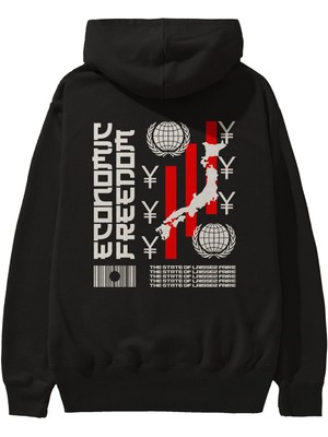 Ankhises Economic Freedom Arka Baskılı Siyah Oversize Kapüşonlu Sweatshirt Erkek Kadın
