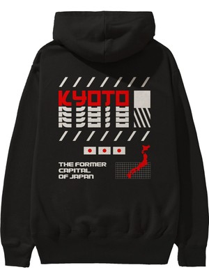 Ankhises Kyoto The Former Capital Japan Arka Baskılı Siyah Oversize Kapüşonlu Sweatshirt Erkek Kadın