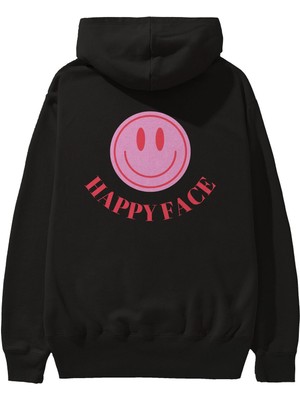 Ankhises Happy Face Yazılı Arka Baskılı Siyah Oversize Kapüşonlu Sweatshirt Erkek Kadın