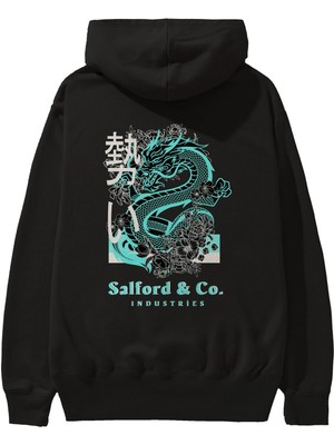 Ankhises Dragon Arka Baskılı Siyah Oversize Kapüşonlu Sweatshirt Erkek Kadın