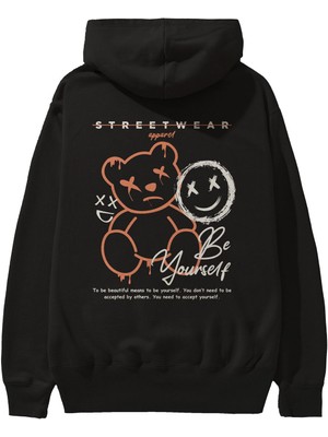 Ankhises Be Yourself Bear Arka Baskılı Siyah Oversize Kapüşonlu Sweatshirt Erkek Kadın
