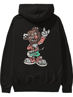 Ankhises Gorilla Rockstar Arka Baskılı Siyah Oversize Kapüşonlu Sweatshirt Erkek Kadın