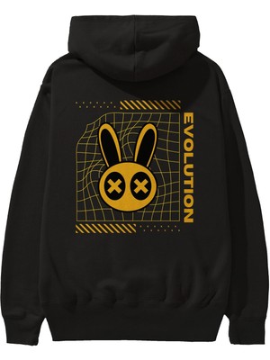Ankhises Evolution Yazılı Arka Baskılı Siyah Oversize Kapüşonlu Sweatshirt Erkek Kadın