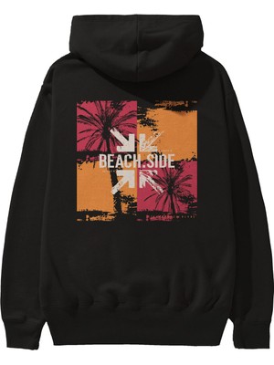 Ankhises Beach Side Arka Baskılı Siyah Oversize Kapüşonlu Sweatshirt Erkek Kadın