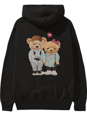 Ankhises Teddy Bear Cute Couple Arka Baskılı Siyah Oversize Kapüşonlu Sweatshirt Erkek Kadın