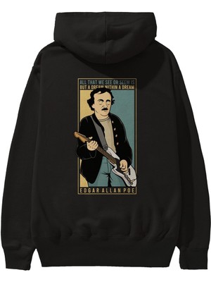 Ankhises Edgar Alan Cobain Arka Baskılı Siyah Oversize Kapüşonlu Sweatshirt Erkek Kadın