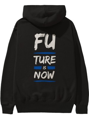 Ankhises Future Is Now Yazılı Arka Baskılı Siyah Oversize Kapüşonlu Sweatshirt Erkek Kadın