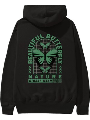 Ankhises Beautiful Butterfly Arka Baskılı Siyah Oversize Kapüşonlu Sweatshirt Erkek Kadın