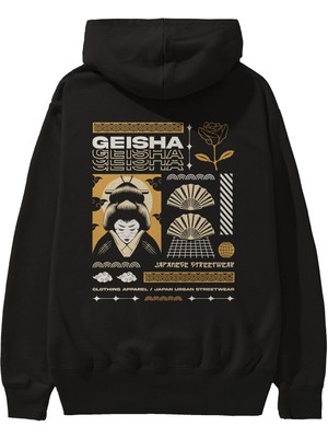 Ankhises Geisha Arka Baskılı Siyah Oversize Kapüşonlu Sweatshirt Erkek Kadın