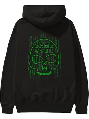 Ankhises Game Over Arka Baskılı Siyah Oversize Kapüşonlu Sweatshirt Erkek Kadın