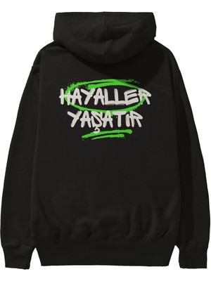 Ankhises Hayaller Yaşatır Arka Baskılı Siyah Oversize Kapüşonlu Sweatshirt Erkek Kadın