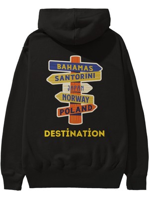 Ankhises Destination Yazılı Arka Baskılı Siyah Oversize Kapüşonlu Sweatshirt Erkek Kadın