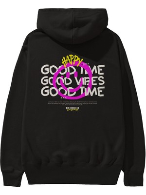 Ankhises Happy Good Time Yazılı Arka Baskılı Siyah Oversize Kapüşonlu Sweatshirt Erkek Kadın