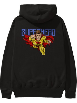 Ankhises Super Hero Arka Baskılı Siyah Oversize Kapüşonlu Sweatshirt Erkek Kadın