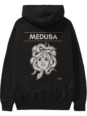 Ankhises Medusa Arka Baskılı Siyah Oversize Kapüşonlu Sweatshirt Erkek Kadın
