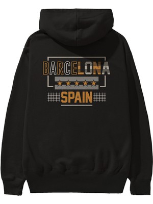 Ankhises Barcelona Arka Baskılı Siyah Oversize Kapüşonlu Sweatshirt Erkek Kadın
