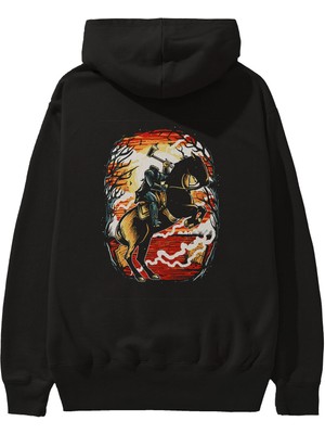 Ankhises Headless Horseman Arka Baskılı Siyah Oversize Kapüşonlu Sweatshirt Erkek Kadın