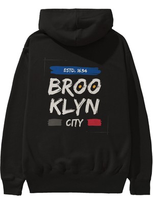 Ankhises Brooklyn City Yazılı 2 Arka Baskılı Siyah Oversize Kapüşonlu Sweatshirt Erkek Kadın