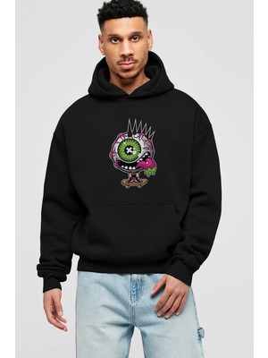 Ankhises Ön Baskılı Siyah Oversize Kapüşonlu Sweatshirt Unisex