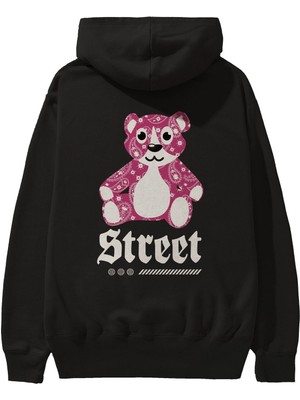 Ankhises Street Bear Arka Baskılı Siyah Oversize Kapüşonlu Sweatshirt Erkek Kadın