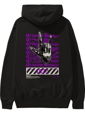 Ankhises Criminal Damage 2 Arka Baskılı Siyah Oversize Kapüşonlu Sweatshirt Erkek Kadın