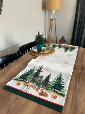 Lilies Atelier Christmas Çam Ağaçları Geyik Desen Desen 45X150 Keten Runner I Masa Dekor Runner