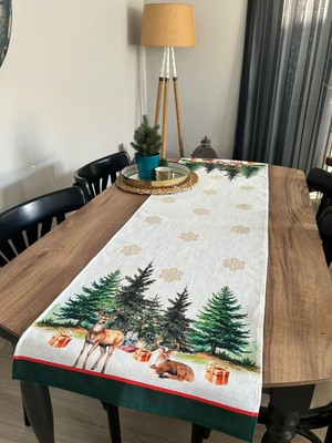 Lilies Atelier Christmas Çam Ağaçları Geyik Desen Desen 45X150 Keten Runner I Masa Dekor Runner