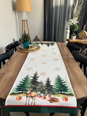 Lilies Atelier Christmas Çam Ağaçları Geyik Desen Desen 45X150 Keten Runner I Masa Dekor Runner