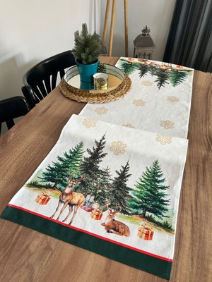 Lilies Atelier Christmas Çam Ağaçları Geyik Desen Desen 45X150 Keten Runner I Masa Dekor Runner