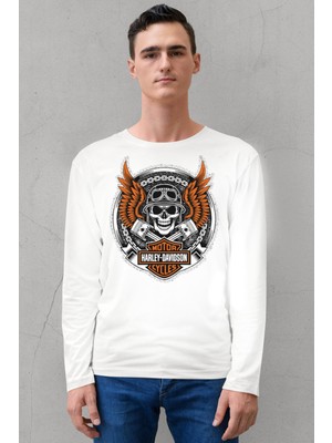 Rock&Roll Motorcu Kurukafa Beyaz Uzun Kollu Erkek Penye Tişört