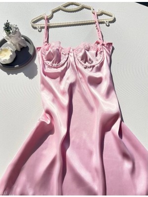 Karaz Göğüs Dantel Detaylı Saten Gecelik - Pembe Xl