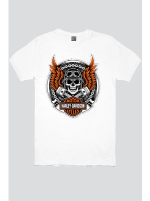 Rock&Roll Motorcu Kurukafa Beyaz Kadın Tshirt