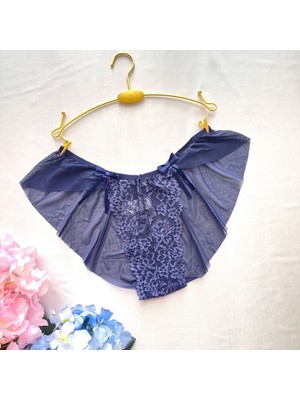 Dantel ve Tül Detaylı Fırfırlı Bikini Külot - Lacivert 38-40 B