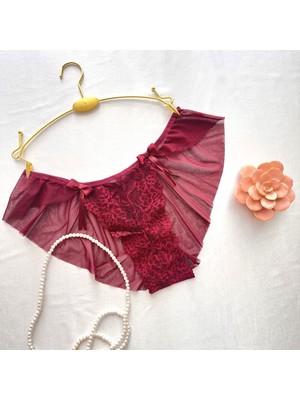 Dantel ve Tül Detaylı Fırfırlı Bikini Külot - Bordo 38-40 B