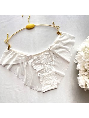 Dantel ve Tül Detaylı Fırfırlı Bikini Külot - Krem 38-40 B