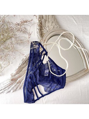 Arkası Ip ve Dantel Detaylı Bikini Külot - Lacivert 38-40 B