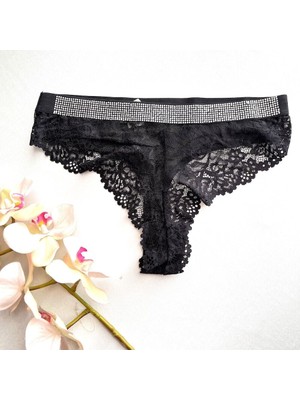 Dantelli ve Taş Süsleme Detaylı Tanga - Siyah 38-40 B