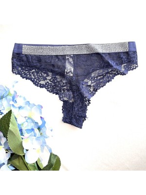 Dantelli ve Taş Süsleme Detaylı Tanga - Lacivert 38-40 B